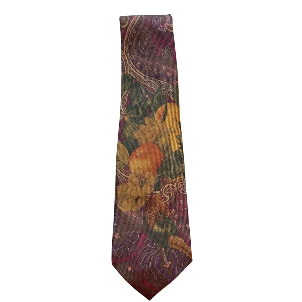 Polo Ralph Lauren Tie OS Fruit Paisley Silk Burgundy Green Gold USA RN41381